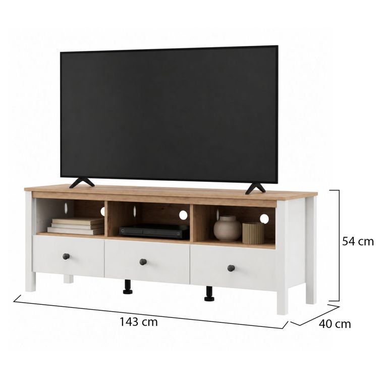 Mobile Porta tv Bianco Opaco Marrone Rovere 3 Cassetti 4 Ripiani 143x40x54h cm, con Piedini - Tiarno