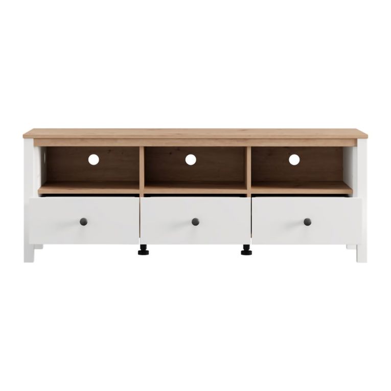 Mobile Porta tv Bianco Opaco Marrone Rovere 3 Cassetti 4 Ripiani 143x40x54h cm, con Piedini - Tiarno