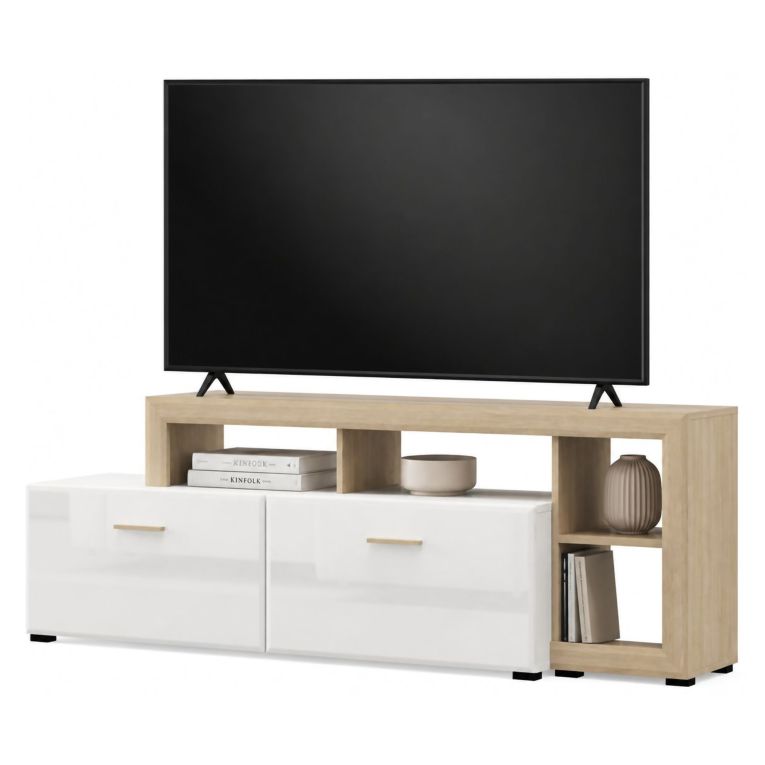 Mobile Porta tv Bianco Opaco Marrone Rovere 5 Ripiani 2 Ante 189x42x61h cm, con Piedini - Casola