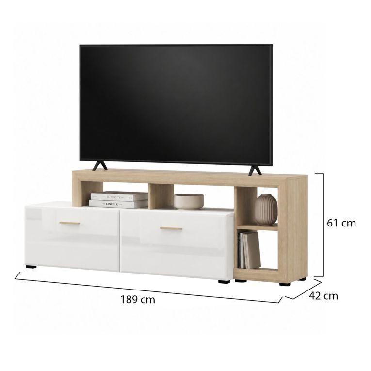 Mobile Porta tv Bianco Opaco Marrone Rovere 5 Ripiani 2 Ante 189x42x61h cm, con Piedini - Casola