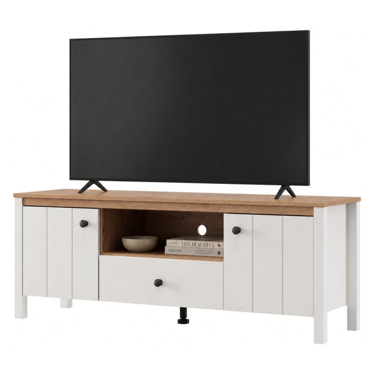 Mobile Porta tv Bianco Opaco Marrone Rovere un Cassetto 2 Ripiani 143x40x53h cm, 2 Ante - Sampe