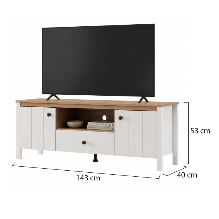 Mobile Porta tv Bianco Opaco Marrone Rovere un Cassetto 2 Ripiani 143x40x53h cm, 2 Ante - Sampe