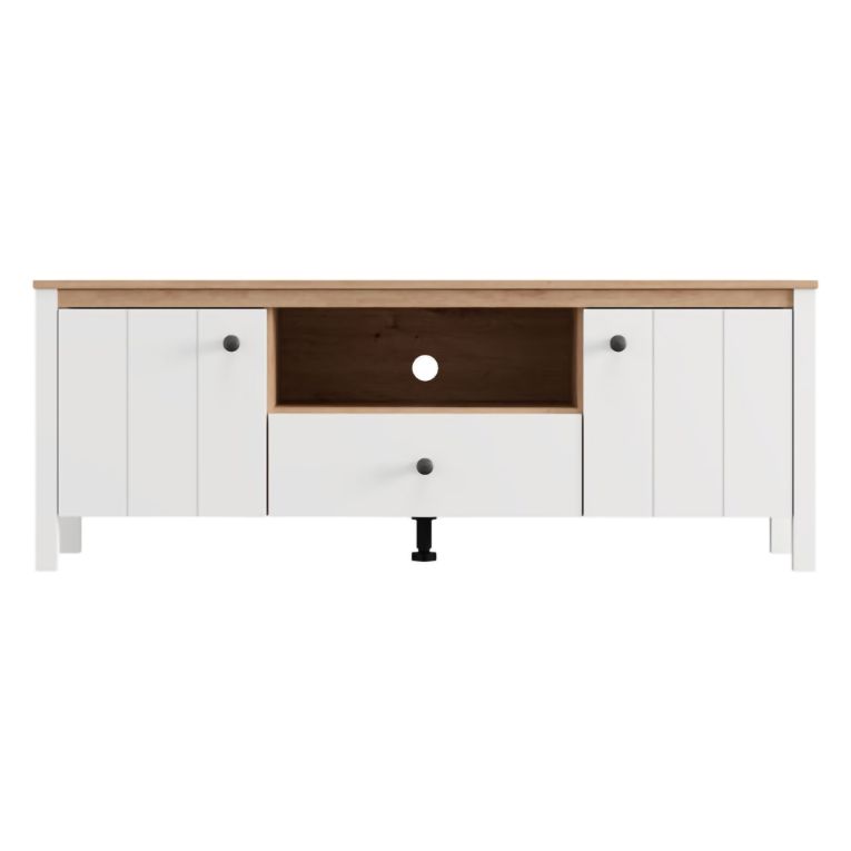 Mobile Porta tv Bianco Opaco Marrone Rovere un Cassetto 2 Ripiani 143x40x53h cm, 2 Ante - Sampe