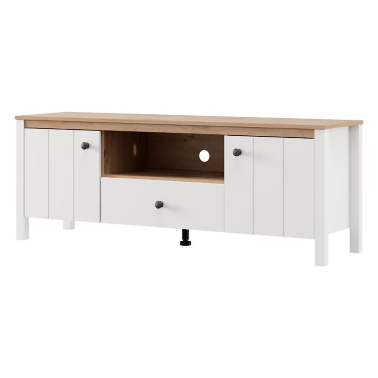 Mobile Porta tv Bianco Opaco Marrone Rovere un Cassetto 2 Ripiani 143x40x53h cm, 2 Ante - Sampe