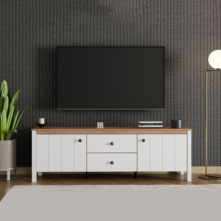 Mobile Porta tv Bianco Opaco Marrone Rovere un Cassetto un Ripiano 163x40x53h cm, 2 Ante - Zavatt