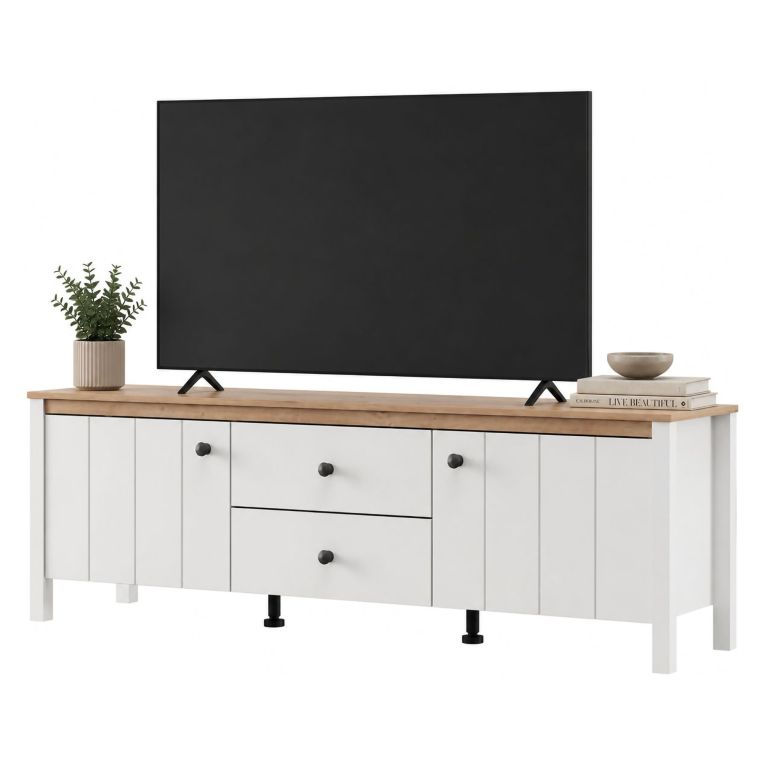 Mobile Porta tv Bianco Opaco Marrone Rovere un Cassetto un Ripiano 163x40x53h cm, 2 Ante - Zavatt
