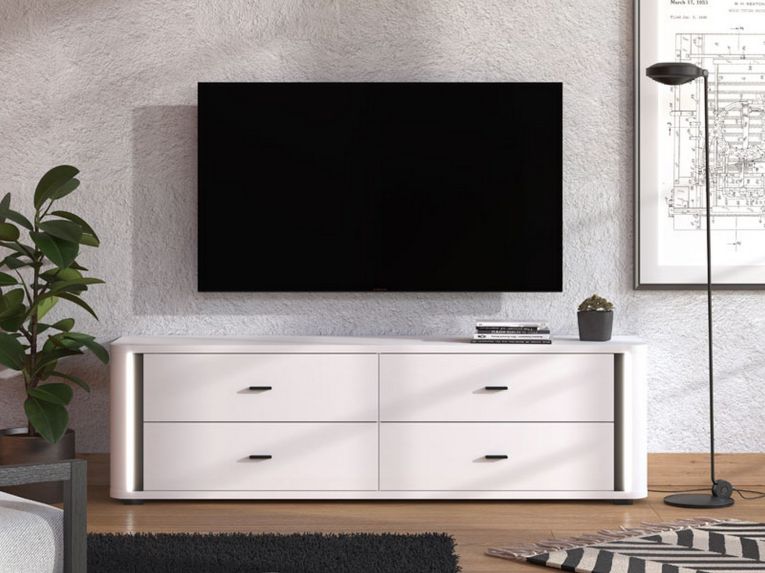 Mobile Porta tv Bianco Opaco Nero 4 Cassetti un Ripiano 176.5x40x52h cm, Apertura Scorrevole - Terenzo