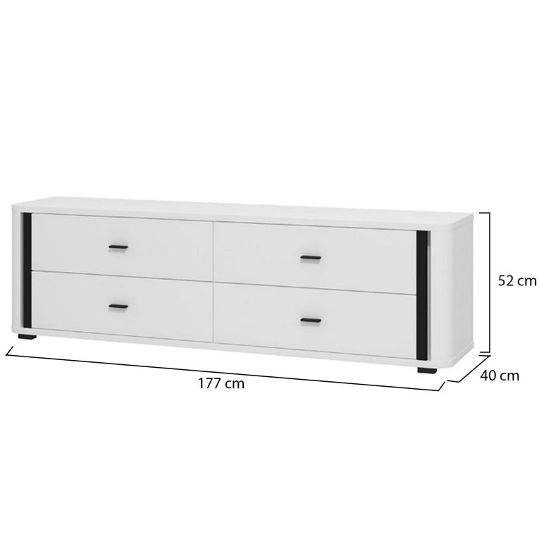 Mobile Porta tv Bianco Opaco Nero 4 Cassetti un Ripiano 176.5x40x52h cm, Apertura Scorrevole - Terenzo