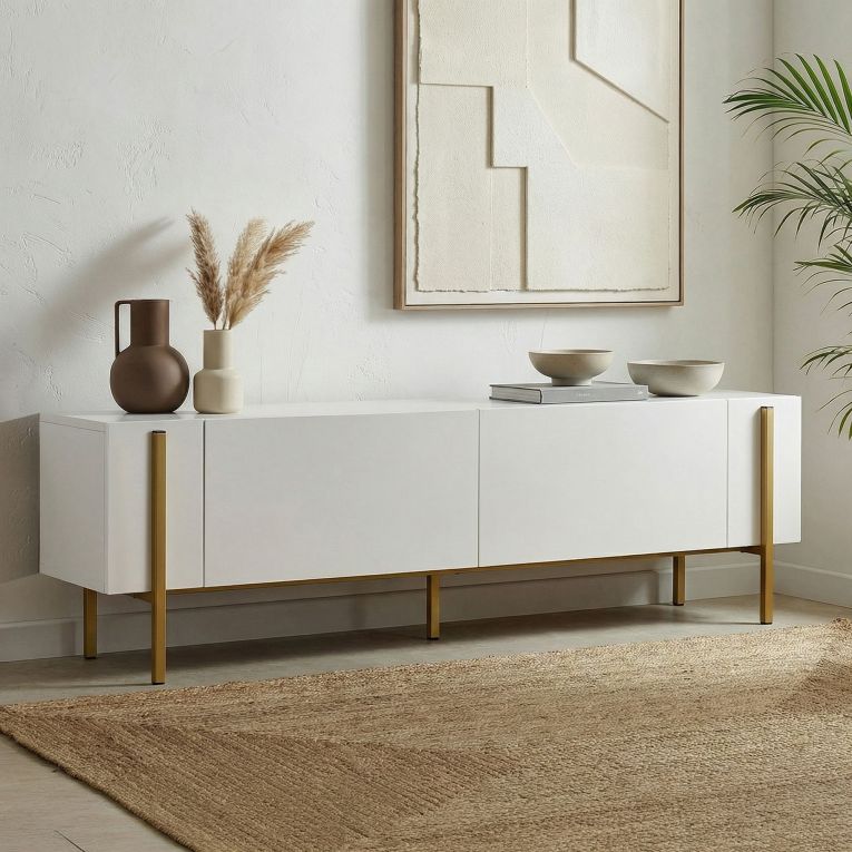 Mobile Porta tv Bianco oro 2 Ante 4 Vani 180x30x45h cm, Apertura a Ribalta - Noga