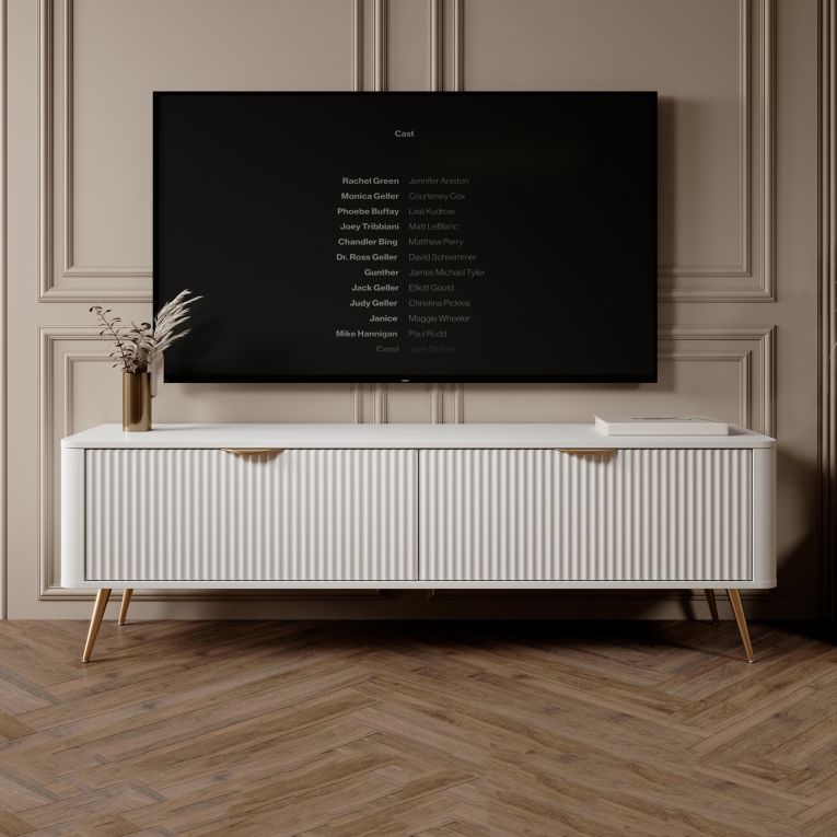 Mobile Porta tv Bianco oro 2 Ripiani 2 Ante 163x38x51h cm, Ante Effetto Rigato con Piedini - Kalase