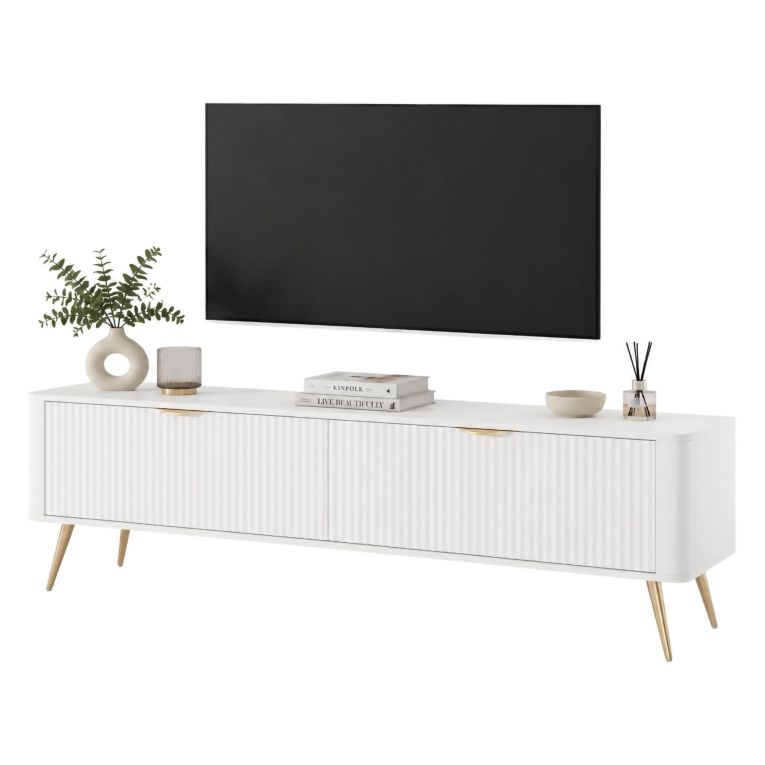 Mobile Porta tv Bianco oro 2 Ripiani 2 Ante 163x38x51h cm, Ante Effetto Rigato con Piedini - Kalase