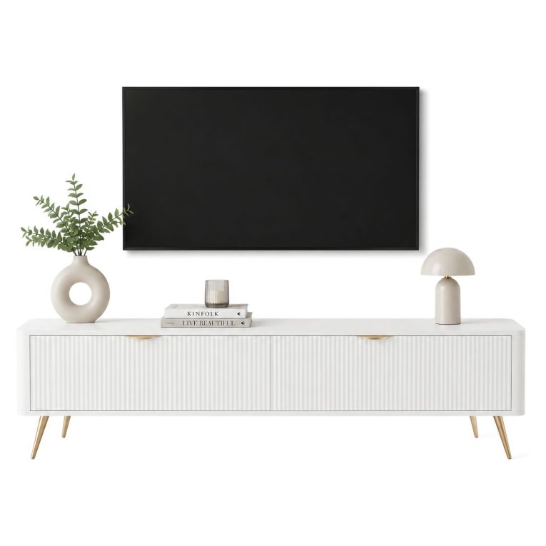 Mobile Porta tv Bianco oro 2 Ripiani 2 Ante 200x38x51h cm, Ante Effetto Rigato con Piedini - Kala