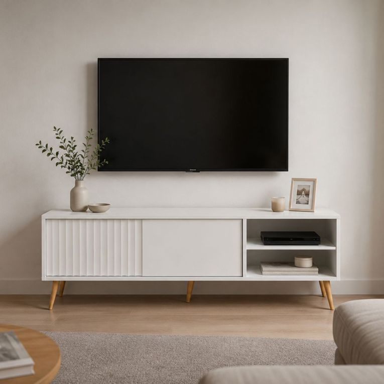 Mobile Porta tv Bianco oro 2 Ripiani Un'anta 135x40x48h cm, con Piedini - Lilemi