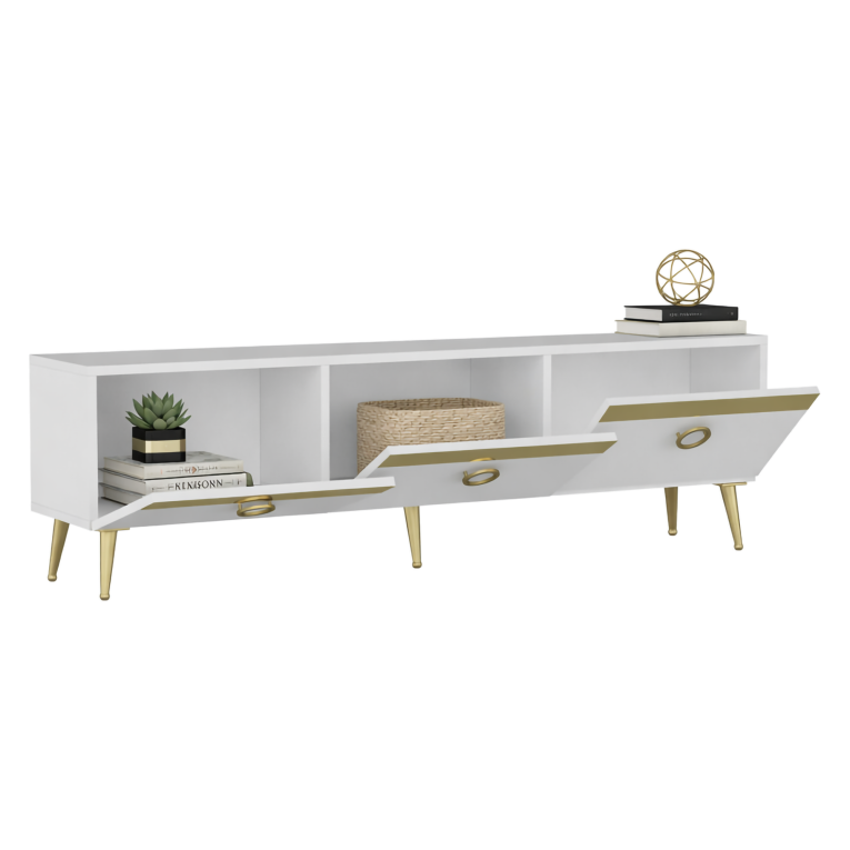 Mobile Porta tv Bianco oro 3 Ante 3 Vani 150x30x45h cm, Apertura a Ribalta - Fiore