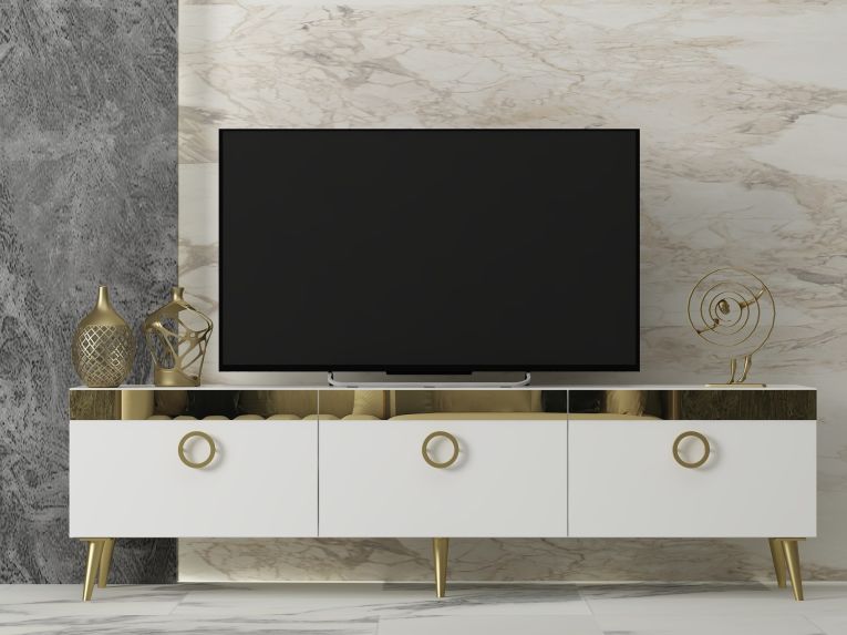 Mobile Porta tv Bianco oro 3 Ante 3 Vani 150x30x45h cm, Apertura a Ribalta - Fiore