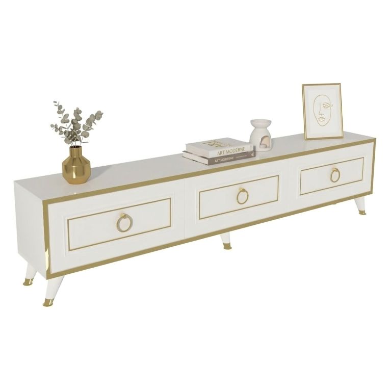 Mobile Porta tv Bianco oro 3 Ante 3 Vani 180x30x45h cm, Apertura a Ribalta - Liberi
