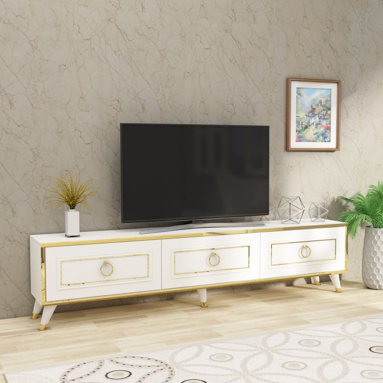 Mobile Porta tv Bianco oro 3 Ante 3 Vani 180x30x45h cm, Apertura a Ribalta - Liberi