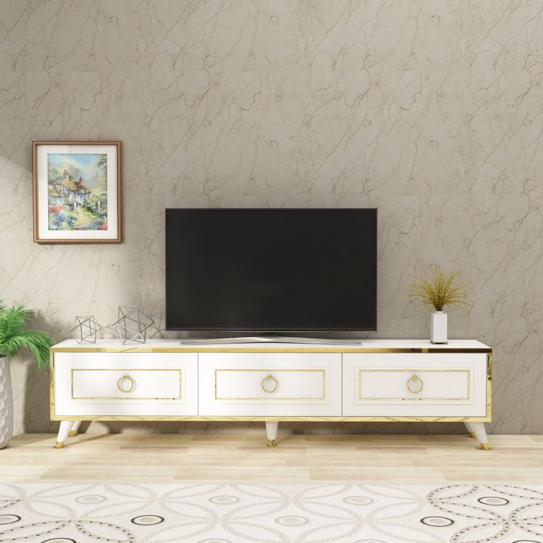 Mobile Porta tv Bianco oro 3 Ante 3 Vani 180x30x45h cm, Apertura a Ribalta - Liberi
