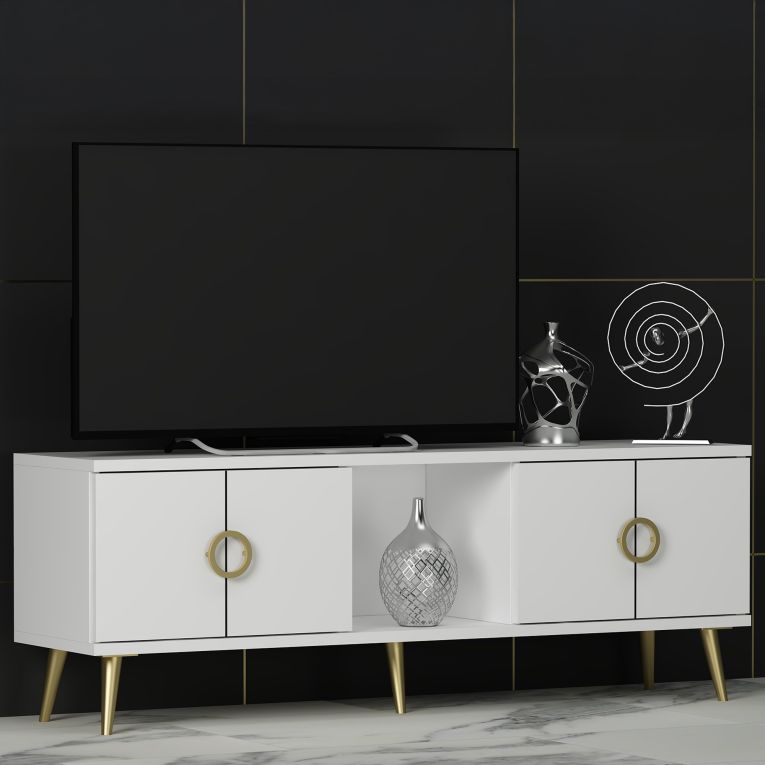 Mobile Porta tv Bianco oro 4 Ante 3 Vani 120x30x45h cm, Apertura a Ribalta - Ravarino