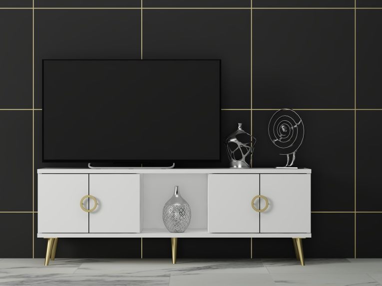 Mobile Porta tv Bianco oro 4 Ante 3 Vani 120x30x45h cm, Apertura a Ribalta - Ravarino