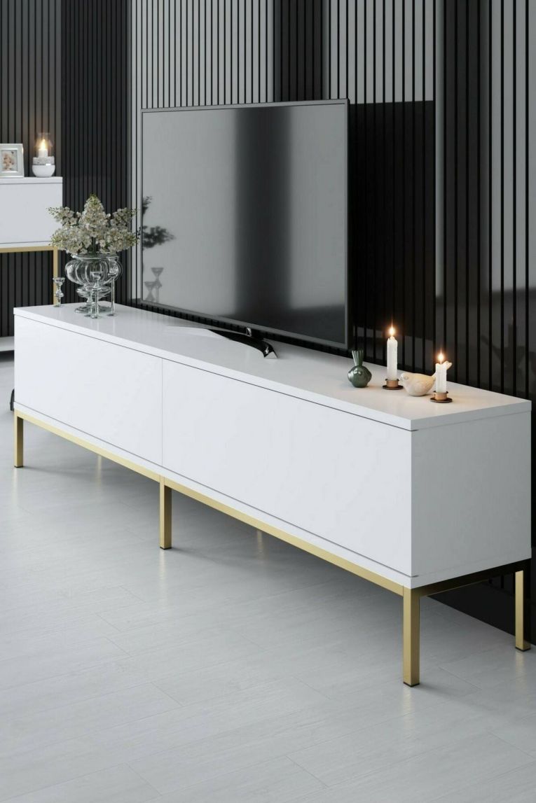Mobile Porta tv Bianco oro Cassetti un Ripiano 180x30x47h cm, 2 Ante - Espero