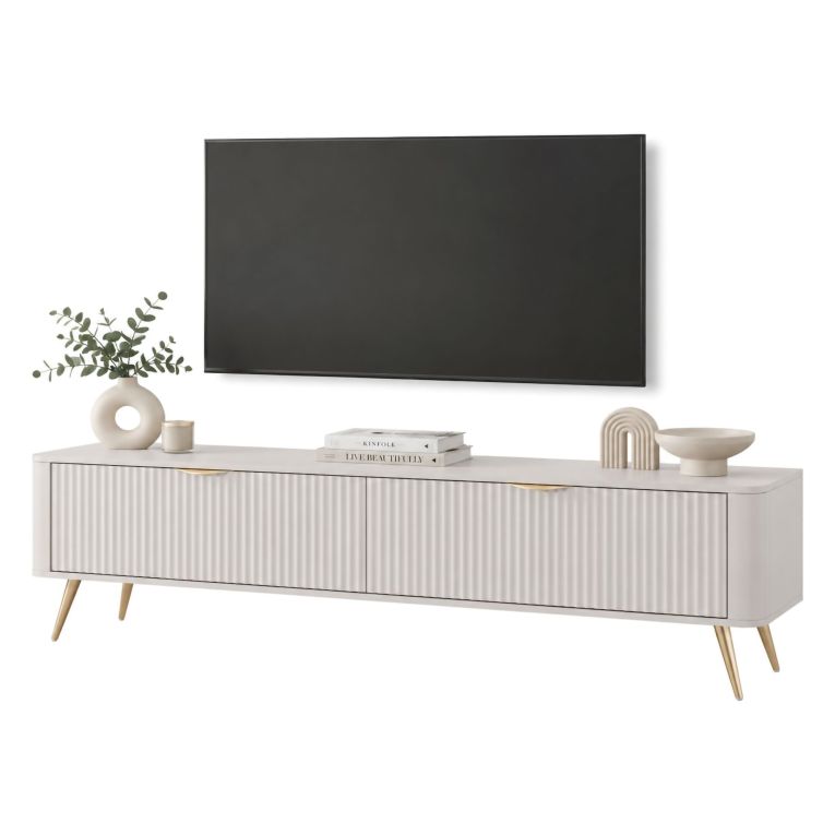 Mobile Porta tv Bianco oro un Ripiano 2 Ante 163x38x51h cm, Ante Effetto Rigato con Piedini - Kalase