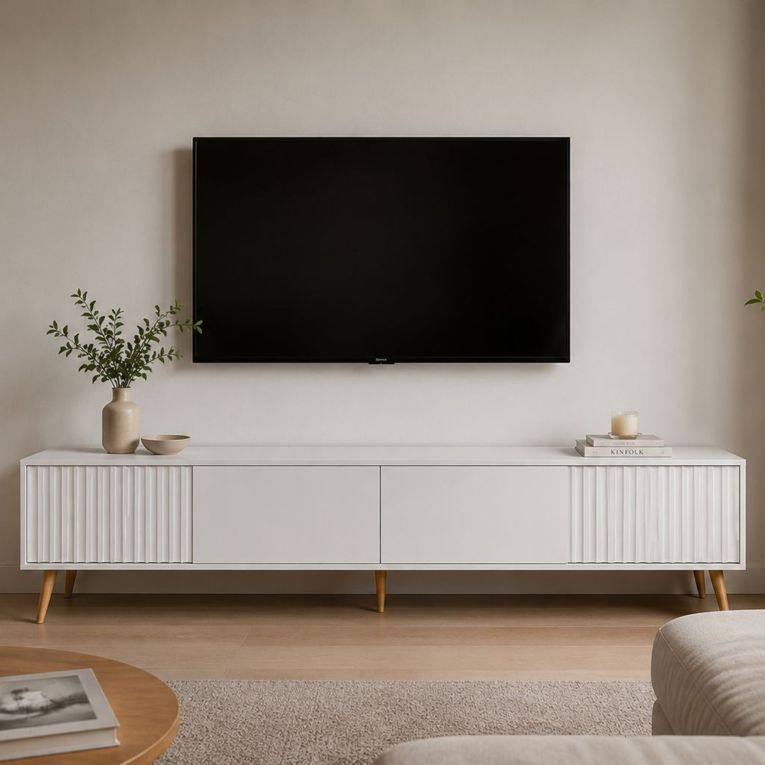 Mobile Porta tv Bianco oro un Ripiano 2 Ante 180x40x48h cm, con Piedini - Lilelora