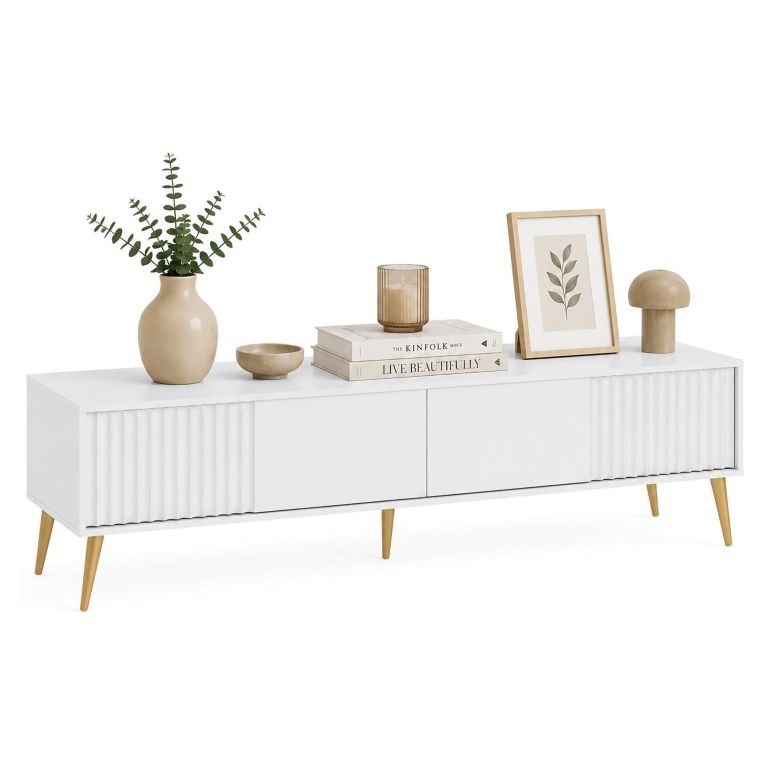 Mobile Porta tv Bianco oro un Ripiano 2 Ante 180x40x48h cm, con Piedini - Lilelora