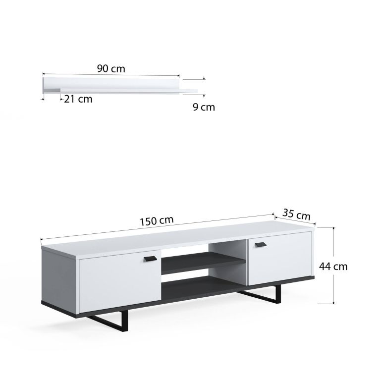 Mobile Porta tv Bianco un Ripiano 2 Ante 150x44x35h cm, 4 Vani