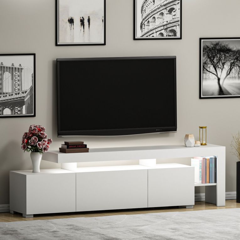 Mobile Porta tv Bianco un Ripiano 3 Ante 192x37x53h cm, Luci led Incluse - Trasacco