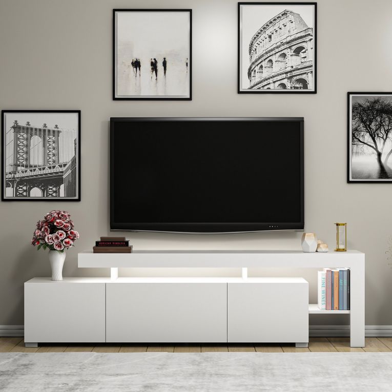 Mobile Porta tv Bianco un Ripiano 3 Ante 192x37x53h cm, Luci led Incluse - Trasacco