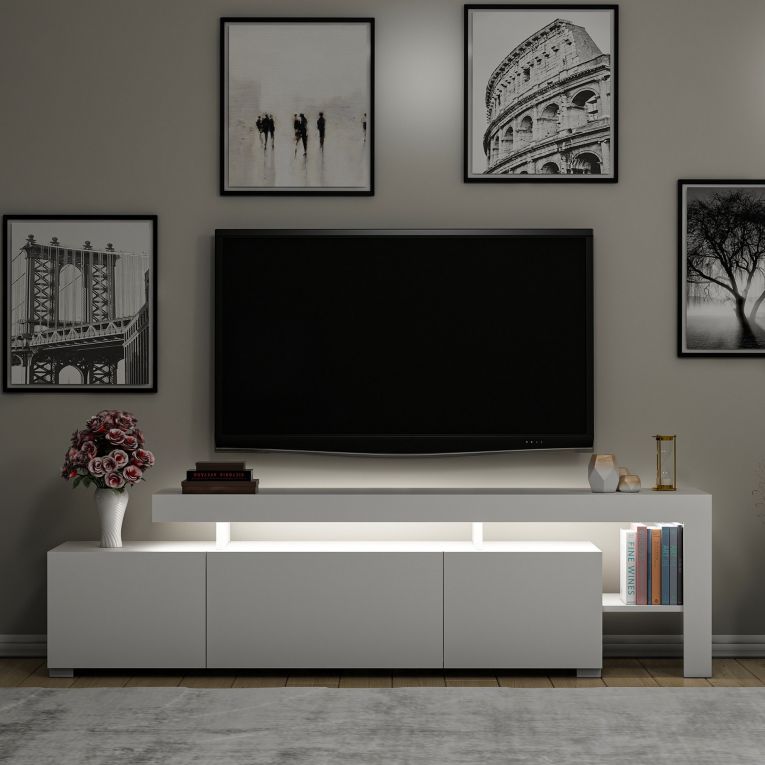 Mobile Porta tv Bianco un Ripiano 3 Ante 192x37x53h cm, Luci led Incluse - Trasacco
