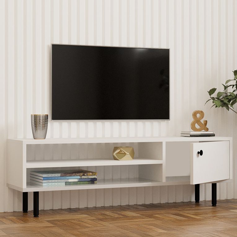 Mobile Porta tv Bianco un Ripiano Apertura Battente 120x30x38h cm, Un'anta - Metomaha