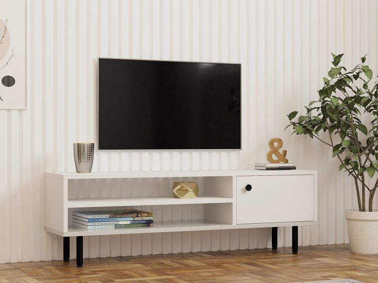 Mobile Porta tv Bianco un Ripiano Apertura Battente 120x30x38h cm, Un'anta - Metomaha