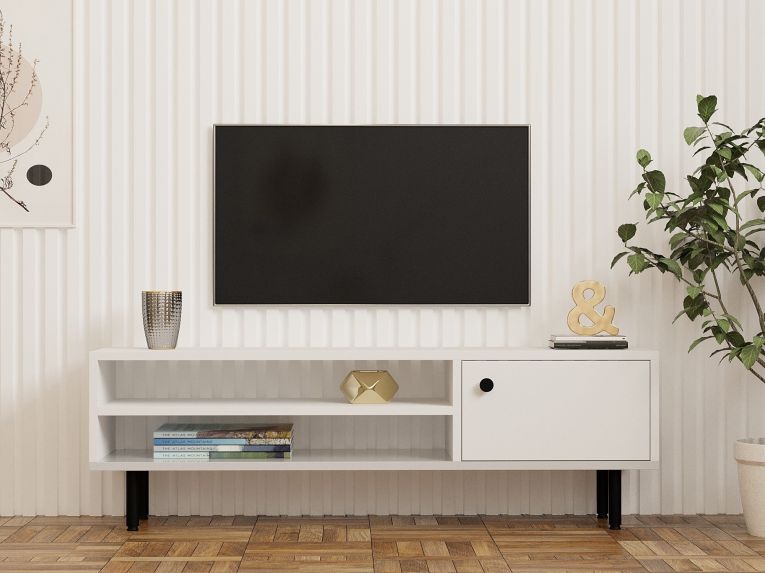 Mobile Porta tv Bianco un Ripiano Apertura Battente 120x30x38h cm, Un'anta - Metomaha