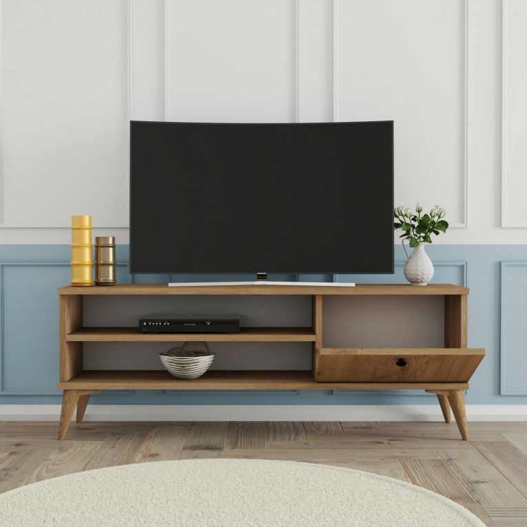 Mobile porta TV Biham, Credenza da soggiorno, Armadio basso per TV, Base parete attrezzata, 120x30 h45 cm, Quercia