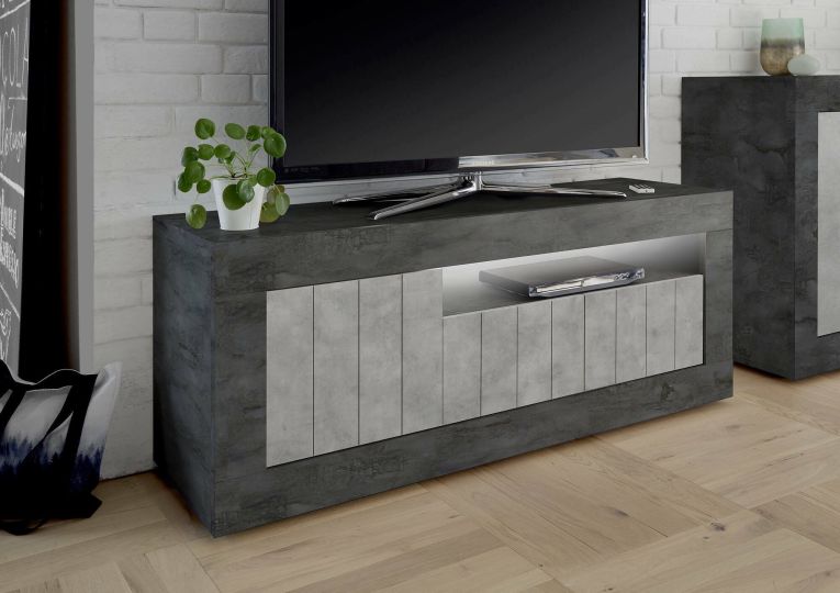 Mobile porta TV Braies, Credenza da soggiorno, Armadio basso per TV, Base parete attrezzata, Made in Italy, 138x42 h56 cm, Ardesia e Cemento