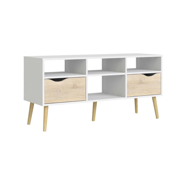 Mobile porta TV Brigitte, Credenza da soggiorno, Armadio basso per TV, Base parete attrezzata, 117x39 h57 cm, Bianco e Quercia