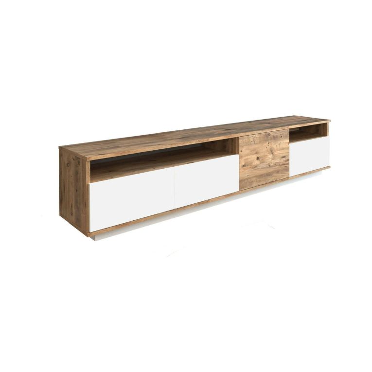 Mobile porta TV Carme, Supporto per televisione da salotto, Credenza bassa da soggiorno, Base porta TV, 180x45h45 cm, Quercia e Bianco