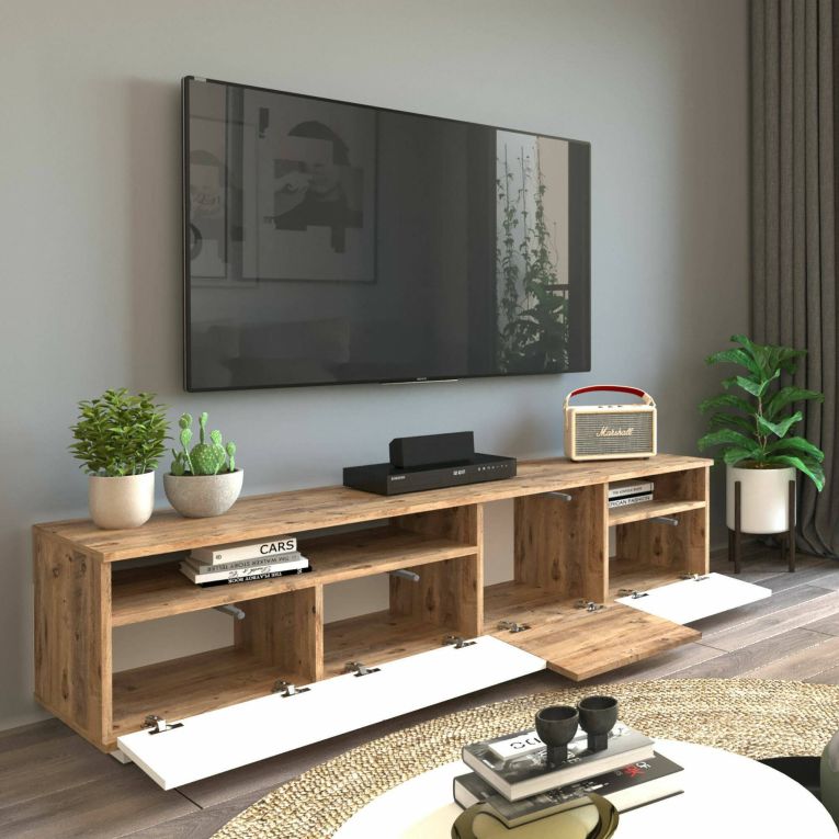 Mobile porta TV Carme, Supporto per televisione da salotto, Credenza bassa da soggiorno, Base porta TV, 180x45h45 cm, Quercia e Bianco