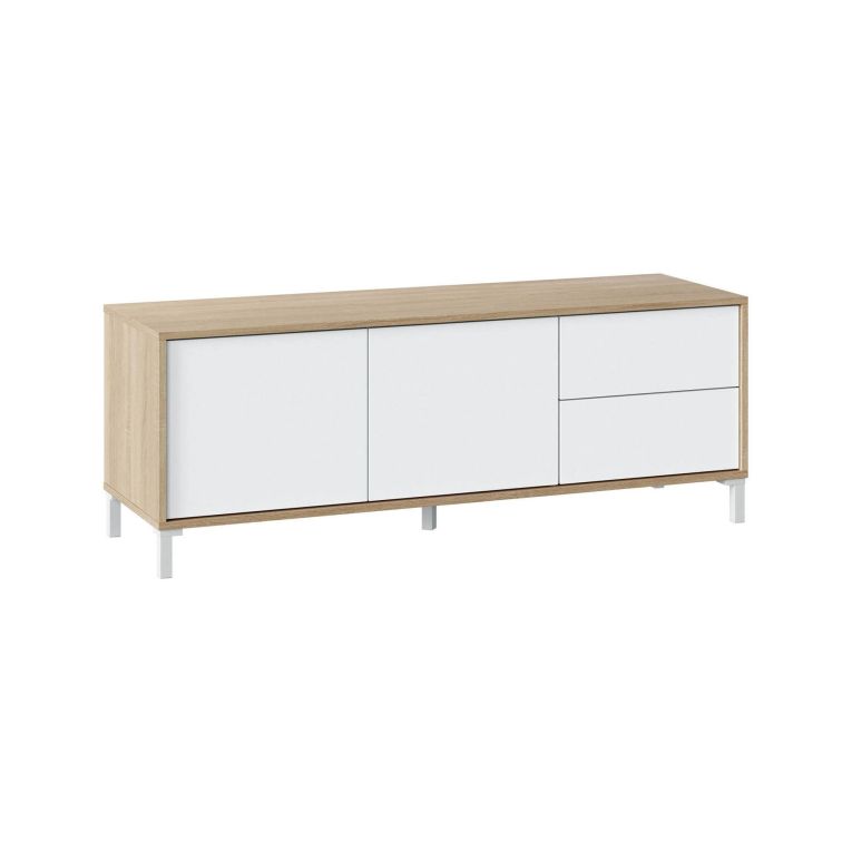 Mobile porta TV Cary, Credenza per televisione a 2 ante, Supporto TV da soggiorno, Mobile porta TV, Madia per salotto, 130x41h47 cm, Rovere e Bianco