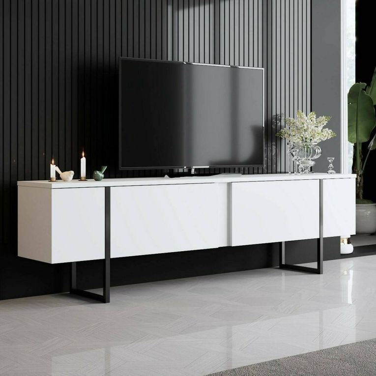Mobile porta TV Centaurus, Supporto per televisione da salotto, Credenza bassa da soggiorno, Base porta TV, 180x30h50 cm, Bianco e Nero