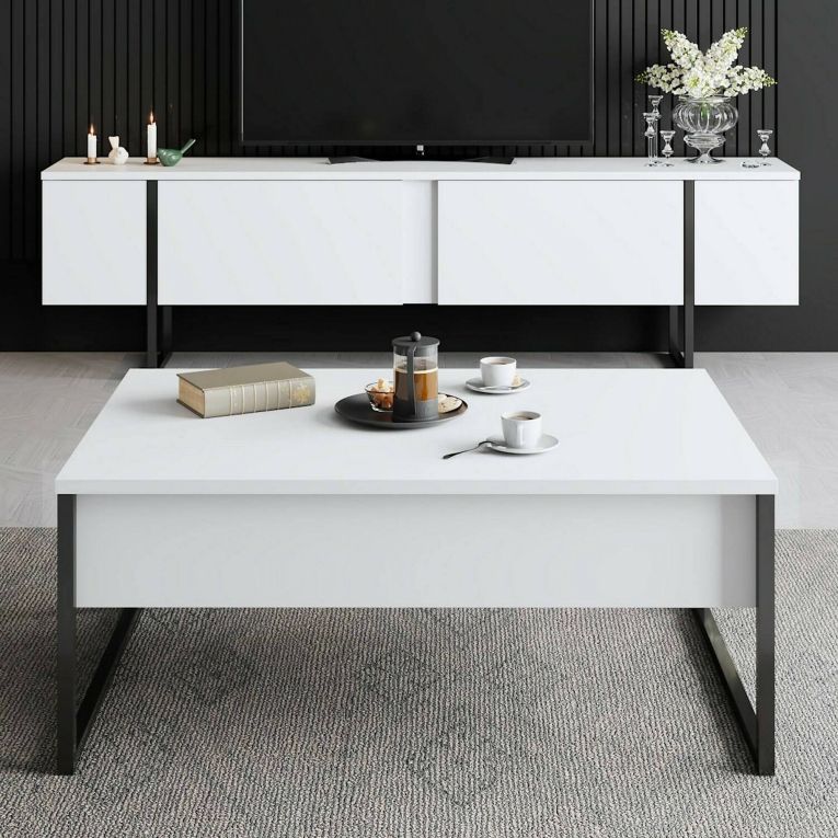 Mobile porta TV Centaurus, Supporto per televisione da salotto, Credenza bassa da soggiorno, Base porta TV, 180x30h50 cm, Bianco e Nero