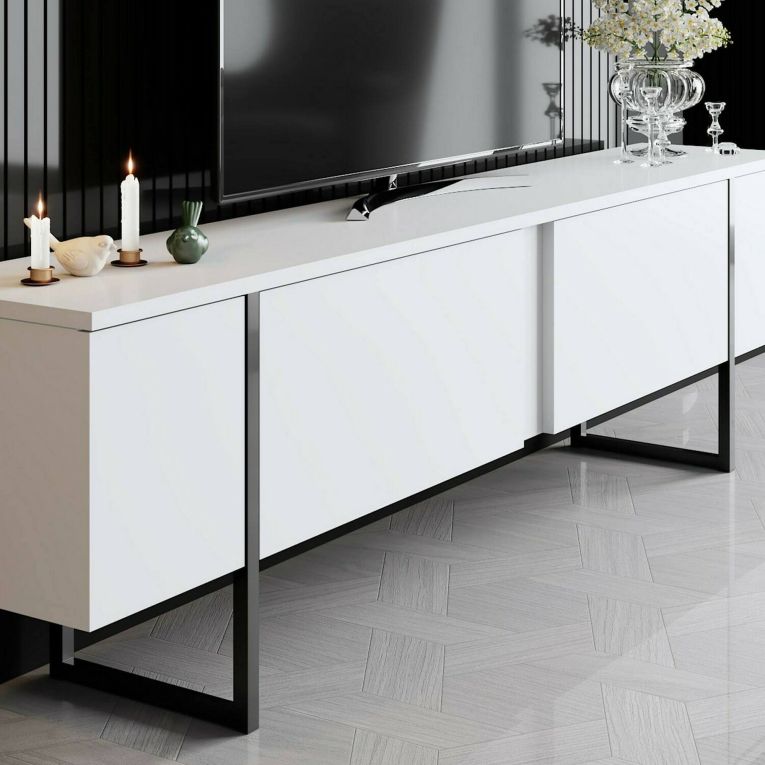 Mobile porta TV Centaurus, Supporto per televisione da salotto, Credenza bassa da soggiorno, Base porta TV, 180x30h50 cm, Bianco e Nero