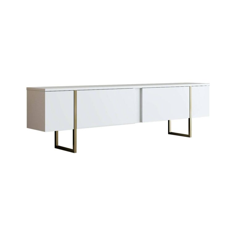 Mobile porta TV Centaurus, Supporto per televisione da salotto, Credenza bassa da soggiorno, Base porta TV, 180x30h50 cm, Bianco e Oro