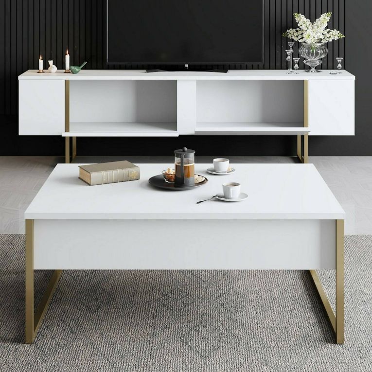 Mobile porta TV Centaurus, Supporto per televisione da salotto, Credenza bassa da soggiorno, Base porta TV, 180x30h50 cm, Bianco e Oro