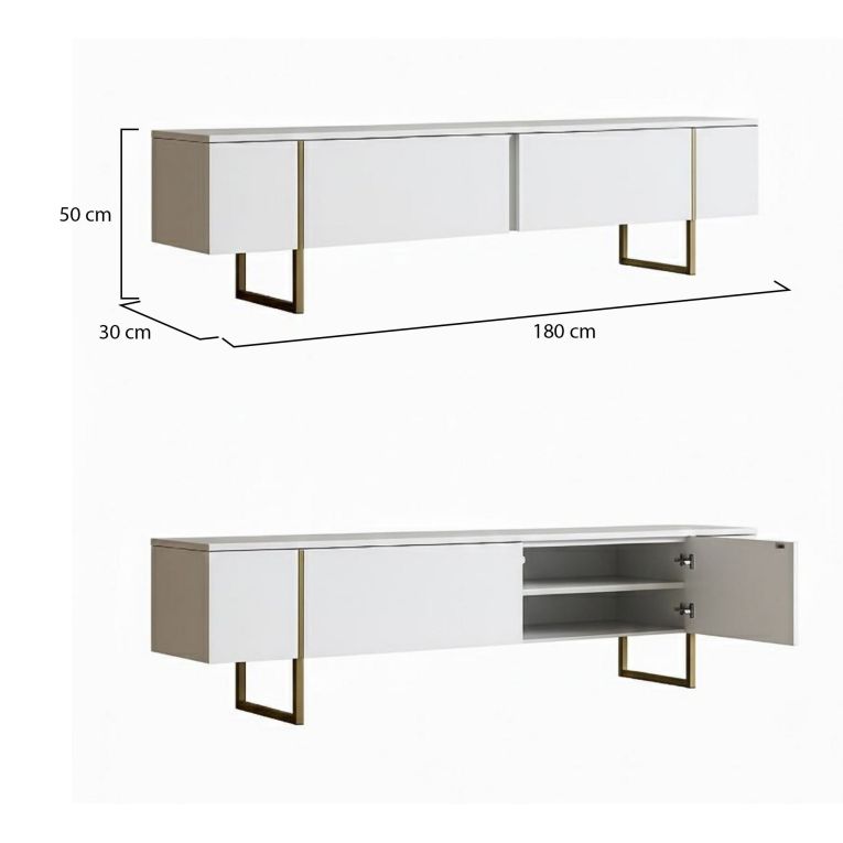 Mobile porta TV Centaurus, Supporto per televisione da salotto, Credenza bassa da soggiorno, Base porta TV, 180x30h50 cm, Bianco e Oro
