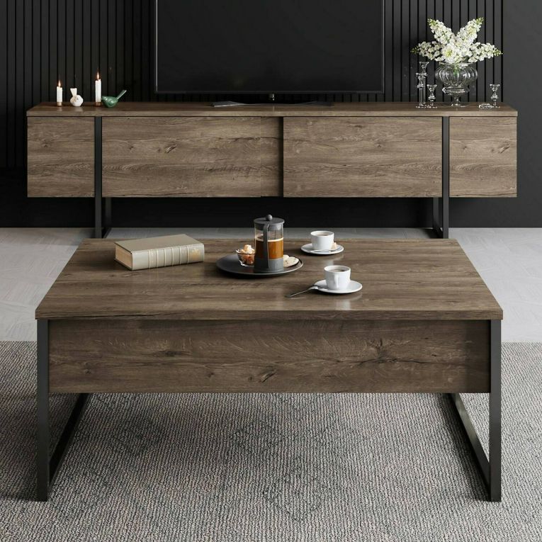 Mobile porta TV Centaurus, Supporto per televisione da salotto, Credenza bassa da soggiorno, Base porta TV, 180x30h50 cm, Noce e Nero