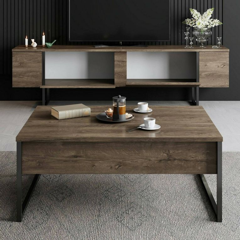 Mobile porta TV Centaurus, Supporto per televisione da salotto, Credenza bassa da soggiorno, Base porta TV, 180x30h50 cm, Noce e Nero