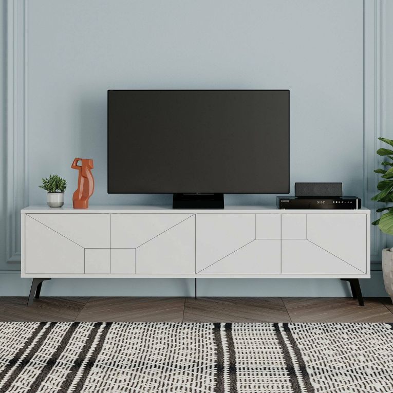 Mobile porta TV Chiron, Credenza da soggiorno, Armadio basso per TV, Base parete attrezzata, 180x30 h50 cm, Bianco